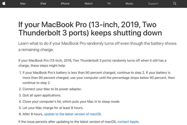苹果承认新的macBook Pro没有理由关机，官网给出了简单的解决方案